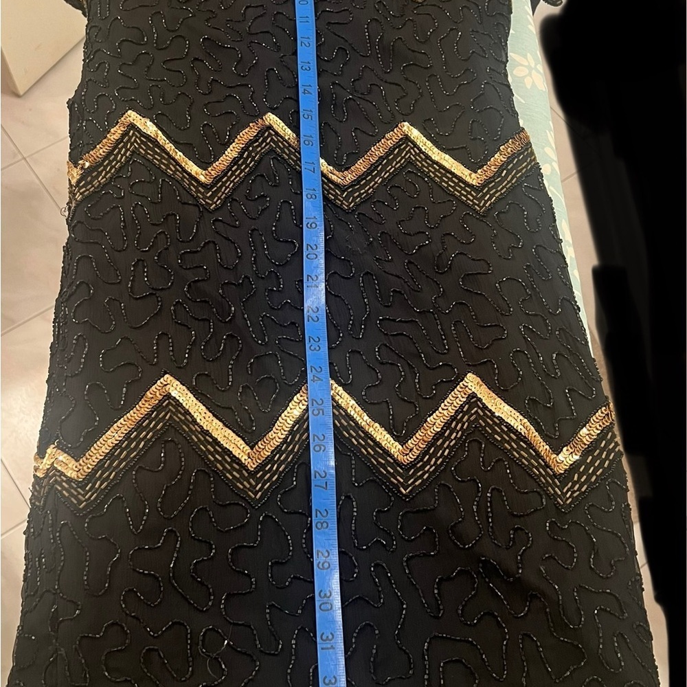 VINTAGE Size M LAWRENCE KAZAR black gold sequin cocktail dress with slit - Picture 10 of 16